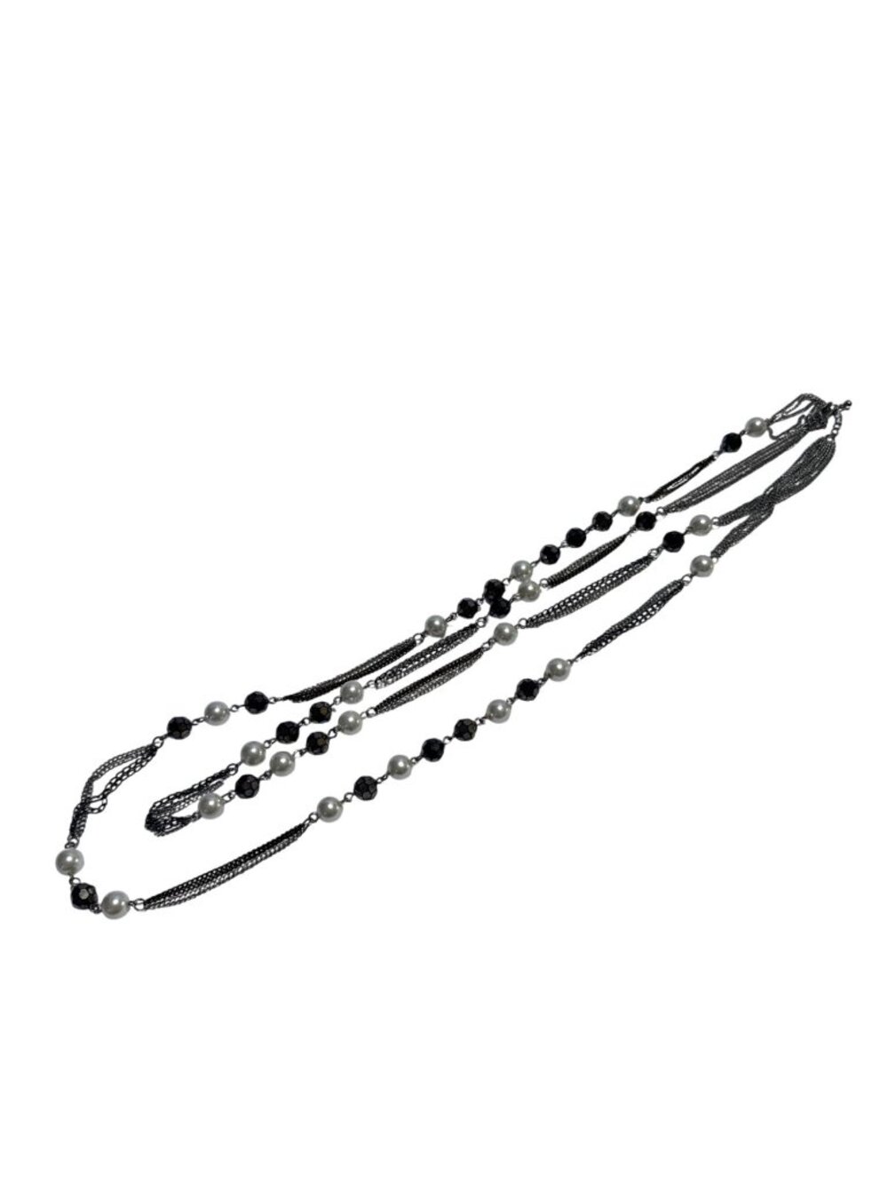 Black Silver Multi Layer Chain Necklace Faux Pearl & Bead Accents 28-34 In